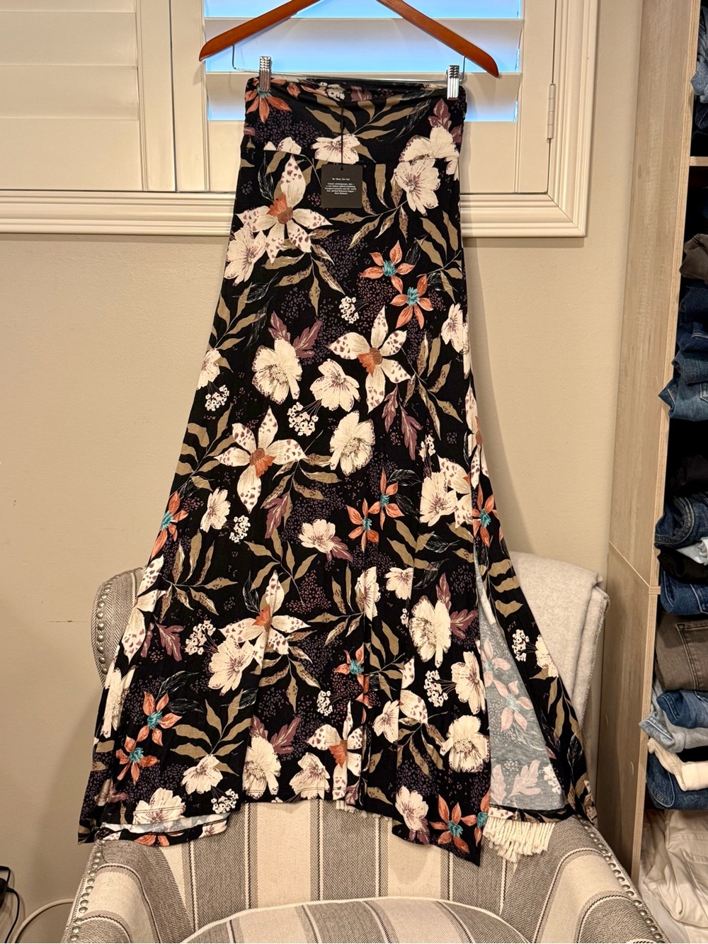 bobeau Black Maxi Skirt with Cream, Teal & Rust Floral Print